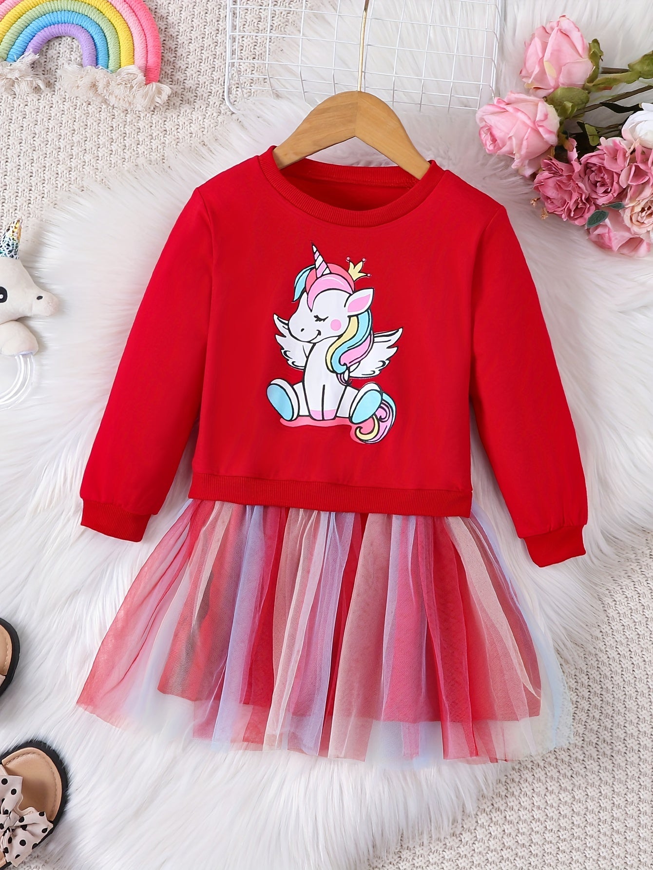 fachgo | Rainbow Tutu Hem Unicorn Print Long Sleeve Sweatshirt Dress - Magical Party & Vacation Outfit for Trendy Girls - Cozy Spring/Autumn Wear