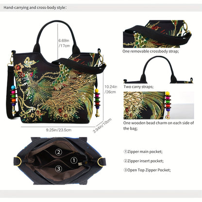 fachgo | Wo 'S Embroidered Satchel Bag, Fashion Double Handle Purse, Retro Style Handbag with Removable Strap