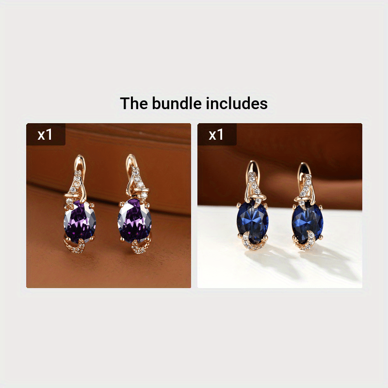 fachgo | [18K Gold Plated Earrings] 18K Gold Plated Blue Stone Stud Earrings | Trendy Round Oval Cut White Blue Red Pink Stone Drop Earrings | Anniversary Claw Earrings Jewelry for Women