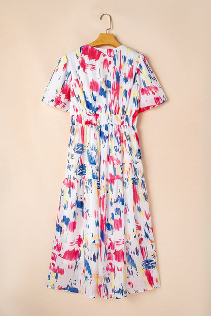 fachgo | Abstract Short Puff Sleeve Tiered Maxi Dress