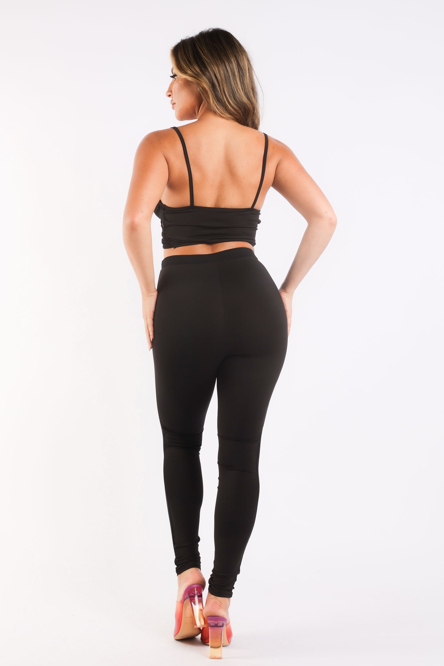 Mesh Contrast Sets Casual Sports Strappy Sleeve Top & Leggings BLACK worn from the back, showcasing stylish strappy sleeve top and leggings.