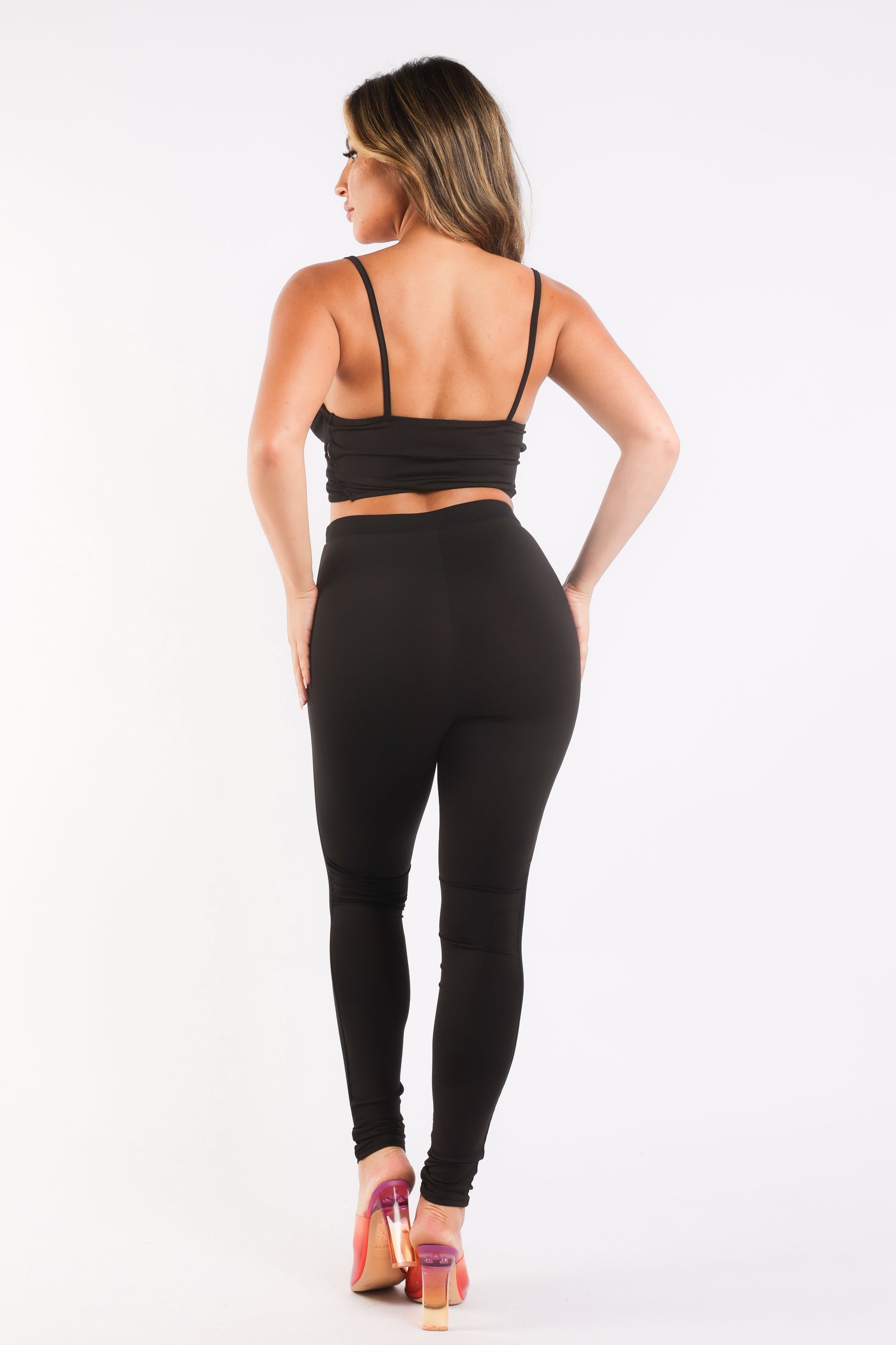 Mesh Contrast Sets Casual Sports Strappy Sleeve Top & Leggings BLACK worn from the back, showcasing stylish strappy sleeve top and leggings.
