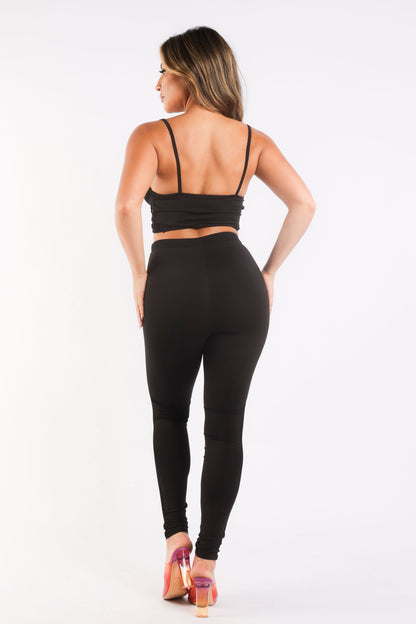 Mesh Contrast Sets Casual Sports Strappy Sleeve Top & Leggings BLACK worn from the back, showcasing stylish strappy sleeve top and leggings.