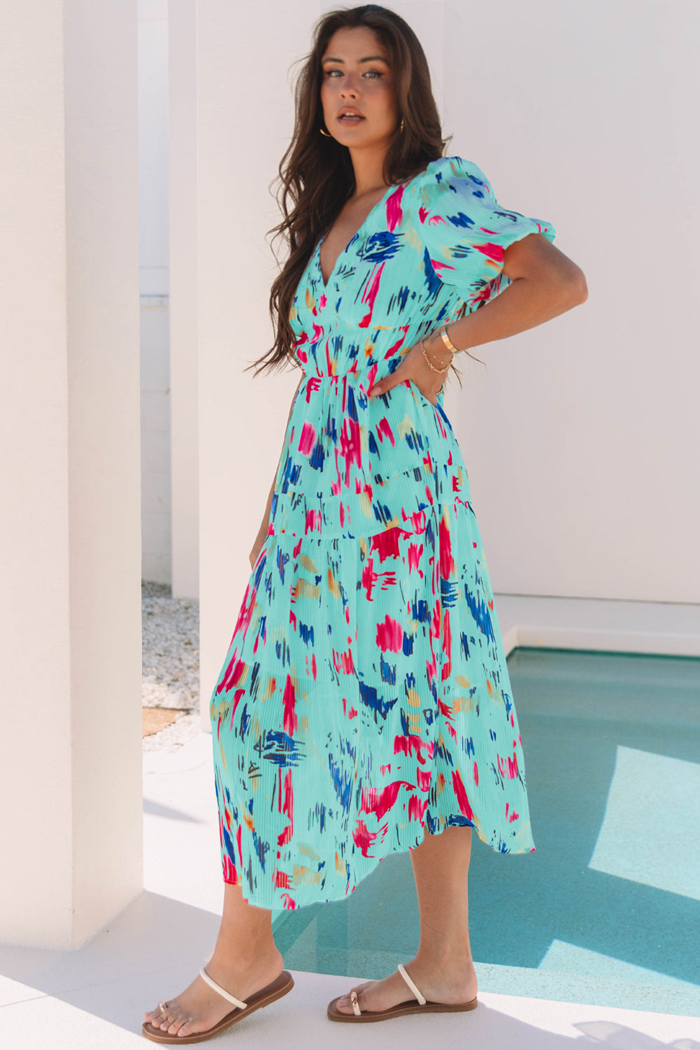 fachgo | Abstract Short Puff Sleeve Tiered Maxi Dress