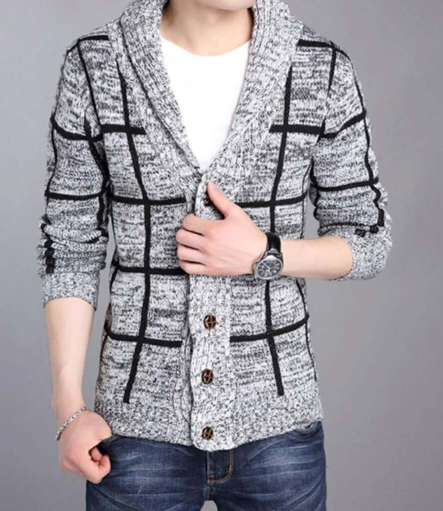 fachgo | Mens Shawl Collar Gray Cardigan