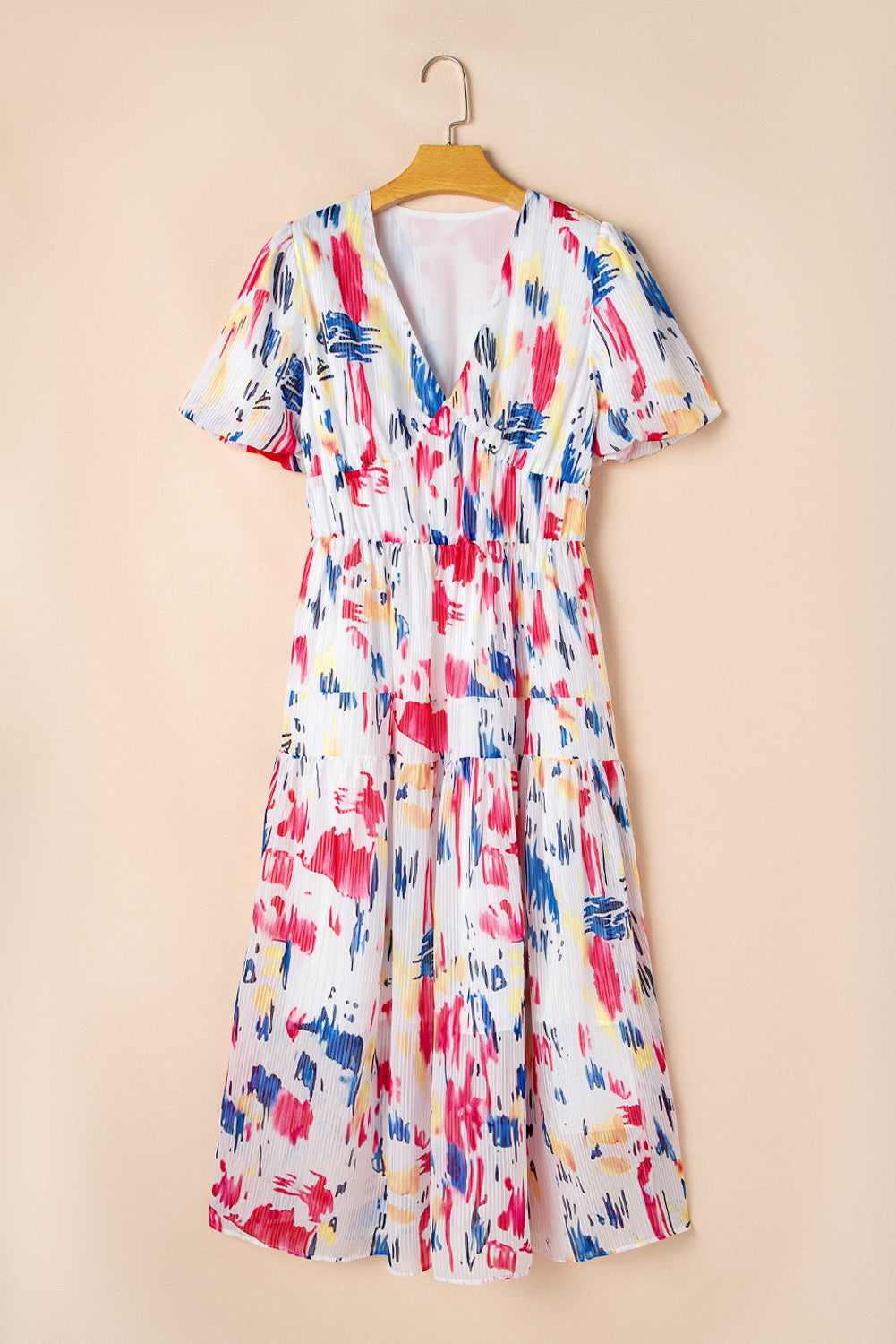 fachgo | Abstract Short Puff Sleeve Tiered Maxi Dress
