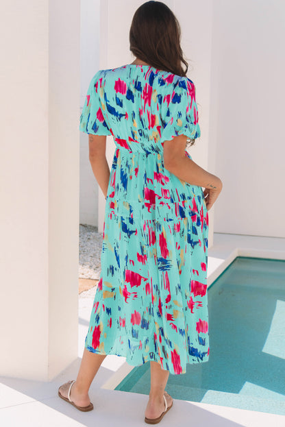 fachgo | Abstract Short Puff Sleeve Tiered Maxi Dress