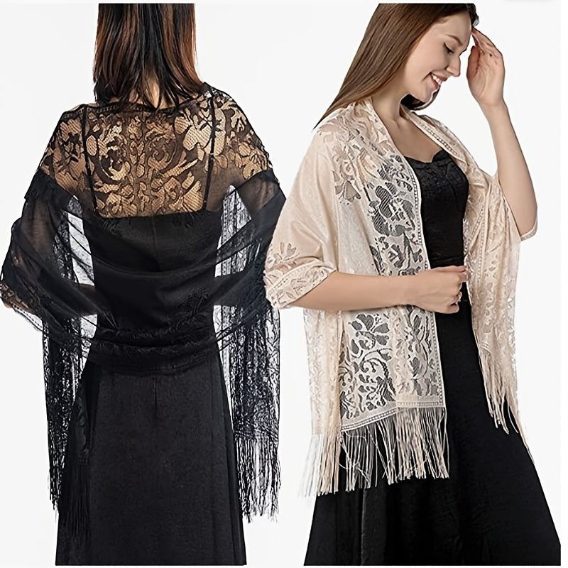 fachgo | [Floral Lace Scarf With Tassels] Ladies Women's Floral Lace Scarf Shawl With Tassels, Soft Mesh Fringe Wraps Bridal Shawl For Wedding Evening Party Dresses
