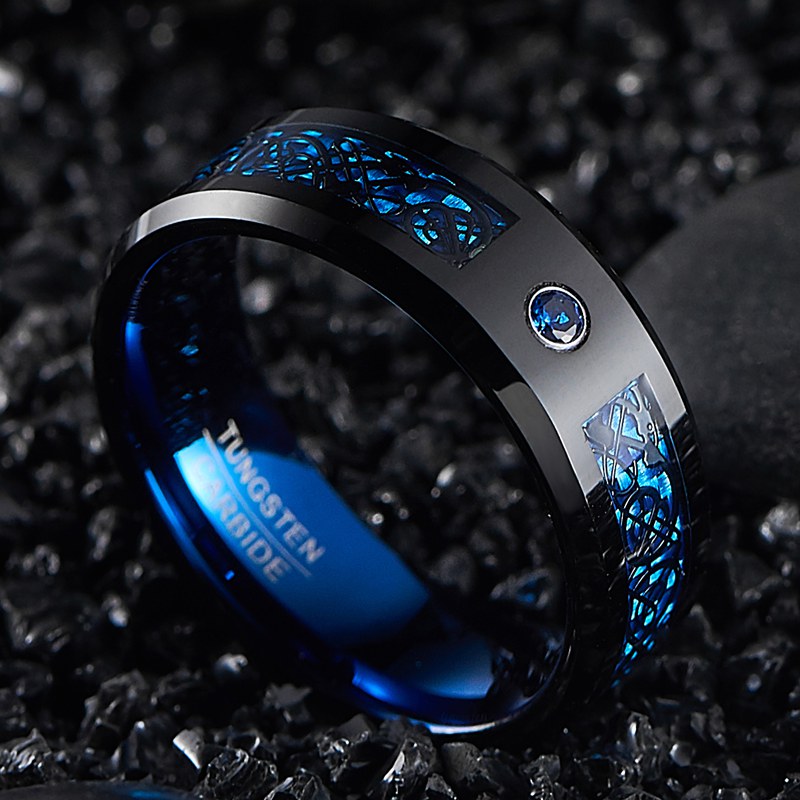 fachgo | 8Mm Wide Inlaid Black Dragon Pattern Blue Carbon Fiber Men'S Tungsten Ring USA Size 7-14, Without Battery