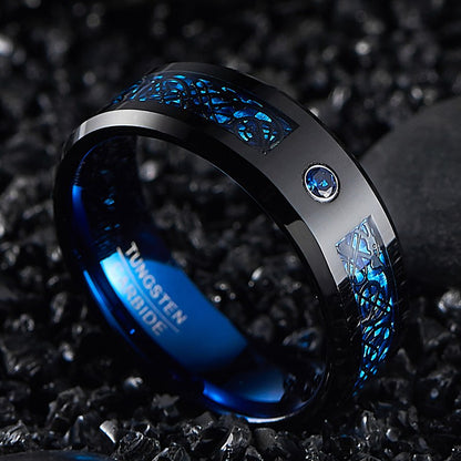 fachgo | 8Mm Wide Inlaid Black Dragon Pattern Blue Carbon Fiber Men'S Tungsten Ring USA Size 7-14, Without Battery