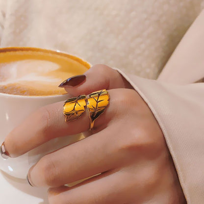 fachgo | Simple Titanium Steel Ring Female Leaf 18k Gold Niche High-grade Sense