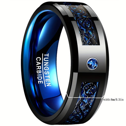 fachgo | 8Mm Wide Inlaid Black Dragon Pattern Blue Carbon Fiber Men'S Tungsten Ring USA Size 7-14, Without Battery