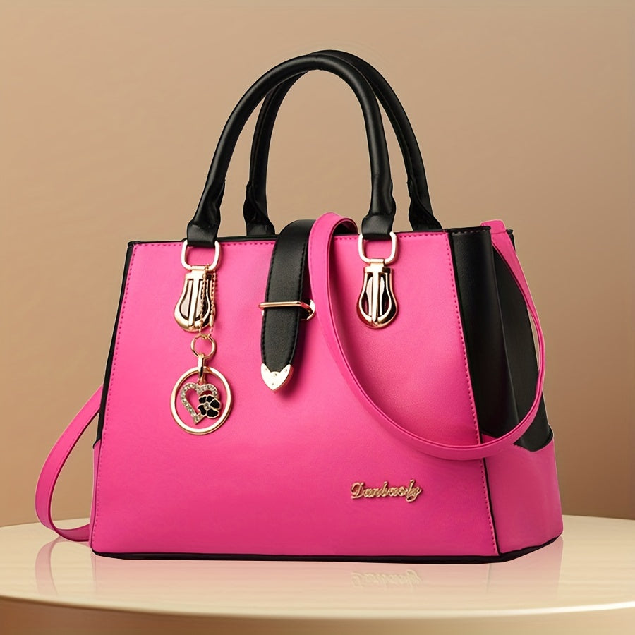 fachgo | Women's Letter Detail Shoulder Bag, Elegant Double Handle Purse, Simple Large Handbag For Work