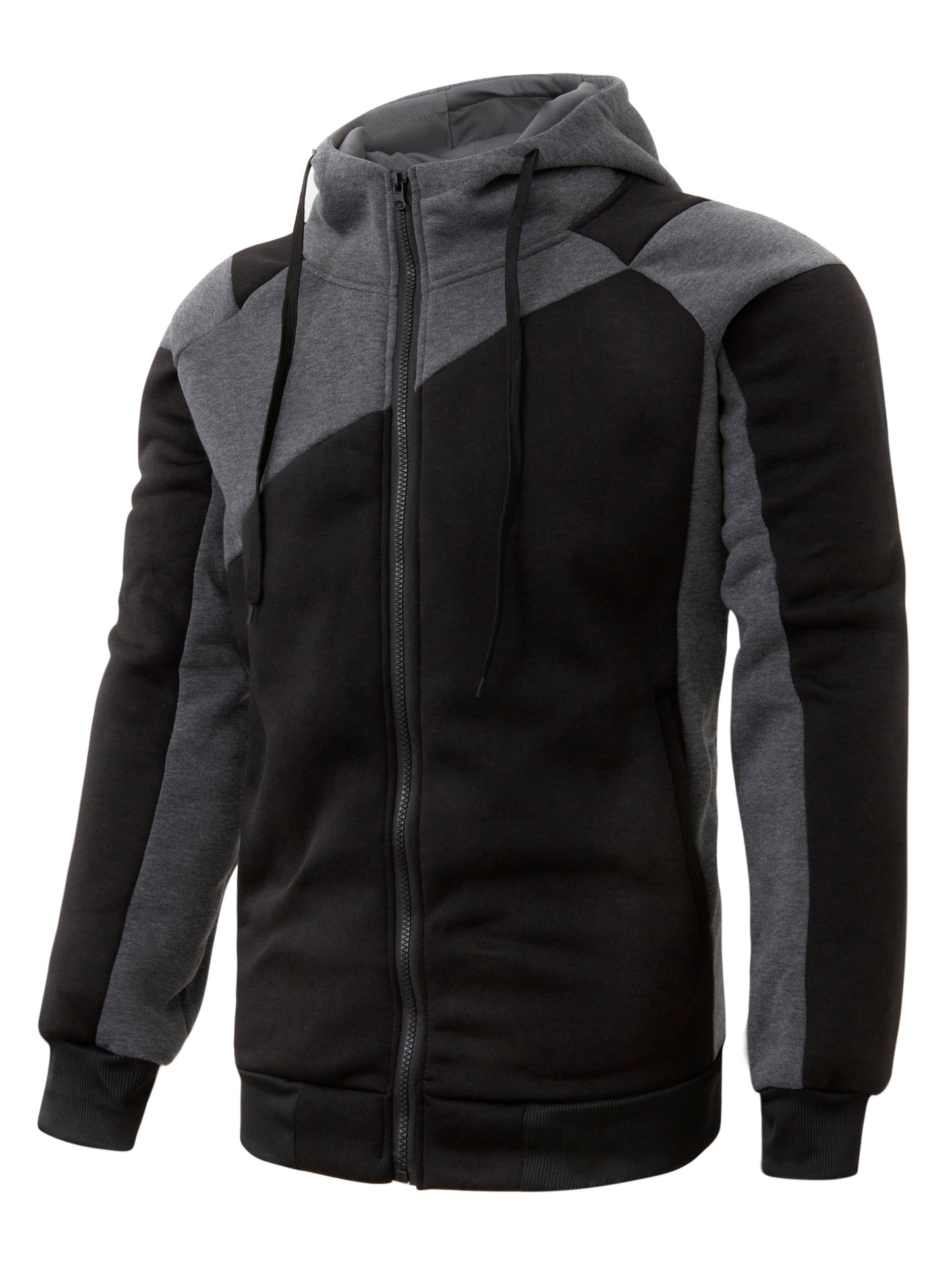 fachgo | Long Sleeves Men's Color Block Fleece Sweatshirt with Pockets, Zipper Hooded Drawstrings