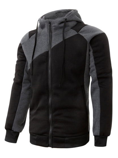 fachgo | Long Sleeves Men's Color Block Fleece Sweatshirt with Pockets, Zipper Hooded Drawstrings