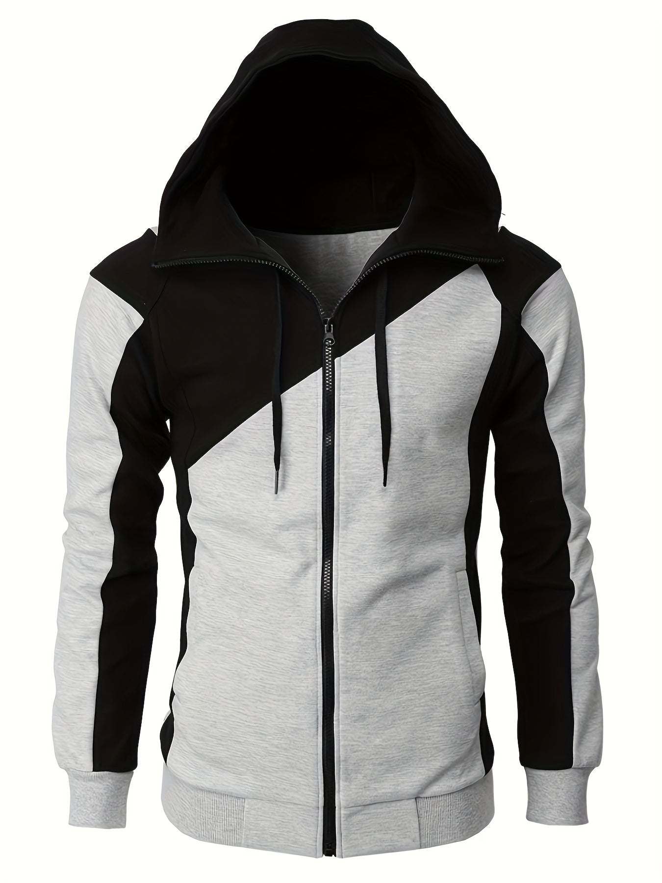 fachgo | Long Sleeves Men's Color Block Fleece Sweatshirt with Pockets, Zipper Hooded Drawstrings