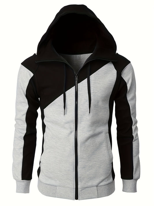 fachgo | Long Sleeves Men's Color Block Fleece Sweatshirt with Pockets, Zipper Hooded Drawstrings
