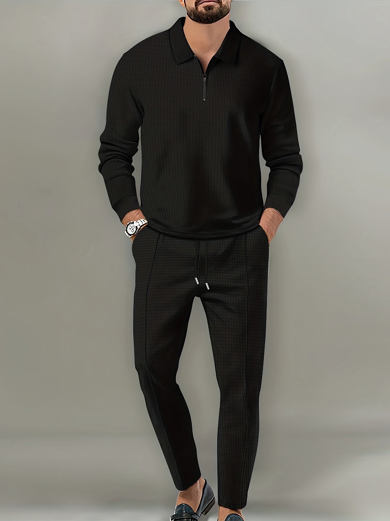 fachgo | 2Pcs Men's Waffle Pattern Outfits, Casual V Neck Long Sleeve Pullover Sweatshirt And Drawstring Sweatpants Joggers Set For Spring Fall