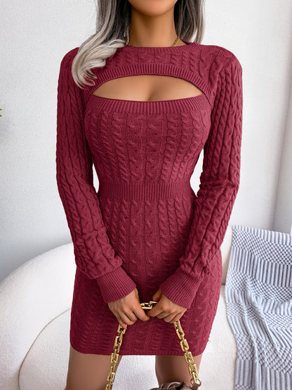 fachgo | Solid Ribbed Knit Keyhole Dress, Elegant Crew Neck Long Sleeve Bodycon Dress - Stretchy & Comfortable Fabric - For Women - Perfect for Parties & Night Out - Ideal Gift for Her
