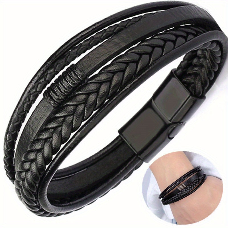 fachgo | 1pc Men's Hand-Woven Multi-Layer Leather Bracelet with Buckle Closure - Stylish Faux Leather Cuff, Durable & Versatile Accessory for Casual or Formal Wear