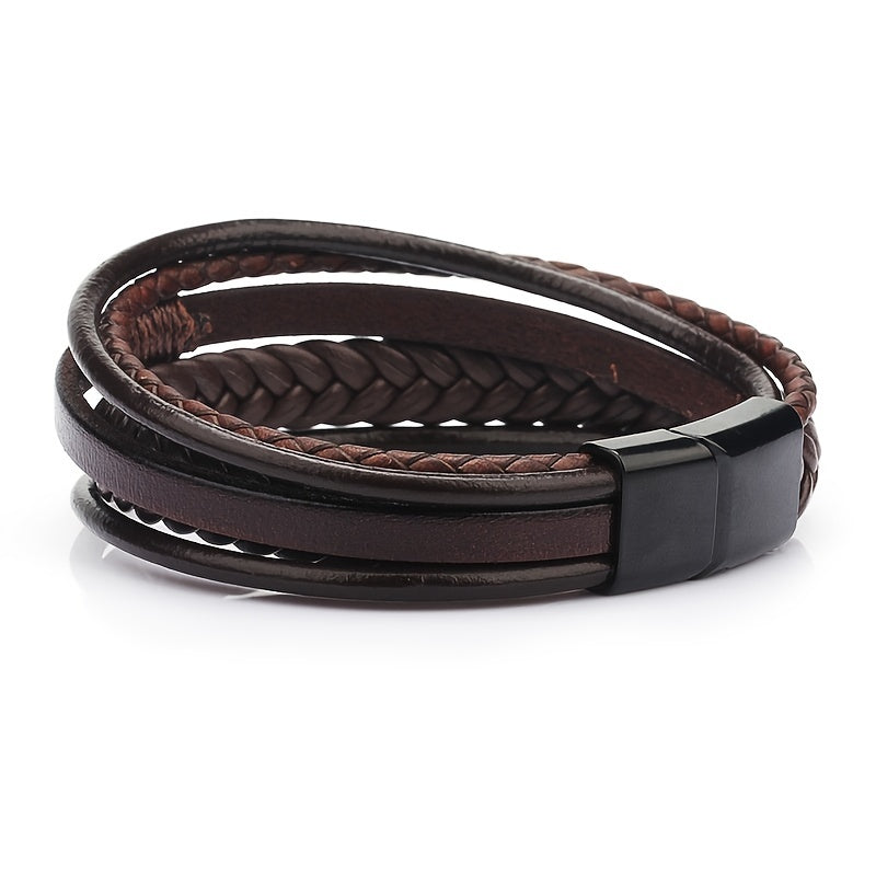 fachgo | 1pc Men's Hand-Woven Multi-Layer Leather Bracelet with Buckle Closure - Stylish Faux Leather Cuff, Durable & Versatile Accessory for Casual or Formal Wear