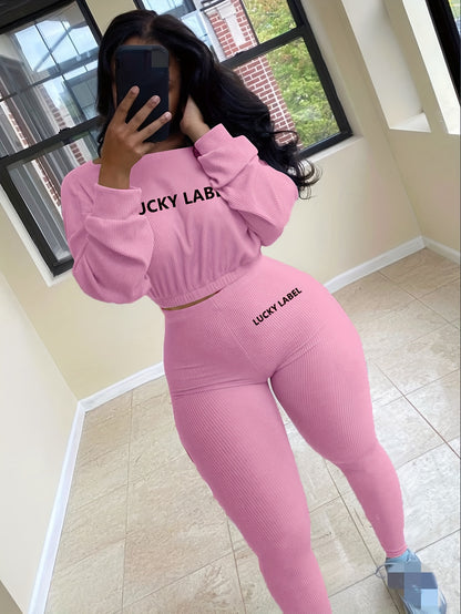 fachgo | [Women's Sweatshirt Set] Letter Embroidery Women's Two Piece Ribbed s Fall Spring Long Sleeve Sweatshirt and Skinny Pants Set