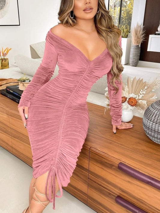 fachgo | Women's Dresses V Neck Off The Shoulder Velvet Ruched Mid-length Dresses
