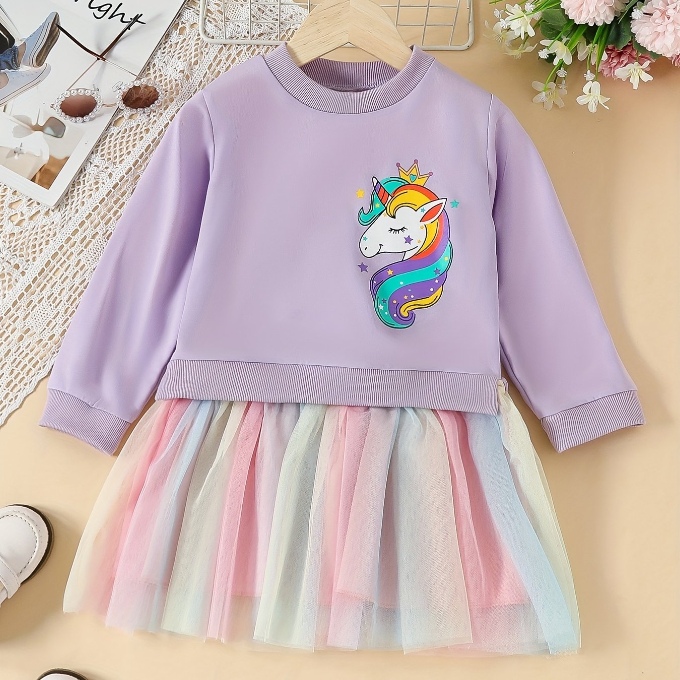 fachgo | Rainbow Tutu Hem Unicorn Print Long Sleeve Sweatshirt Dress - Magical Party & Vacation Outfit for Trendy Girls - Cozy Spring/Autumn Wear