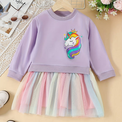 fachgo | Rainbow Tutu Hem Unicorn Print Long Sleeve Sweatshirt Dress - Magical Party & Vacation Outfit for Trendy Girls - Cozy Spring/Autumn Wear