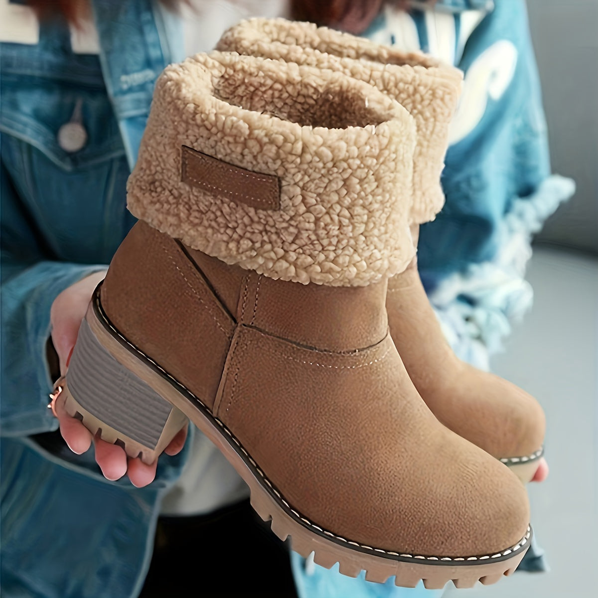 fachgo | Women's Warm Faux Fur Lined Boots, Slip On Block Heeled Ankle Boots, Women's Footwear