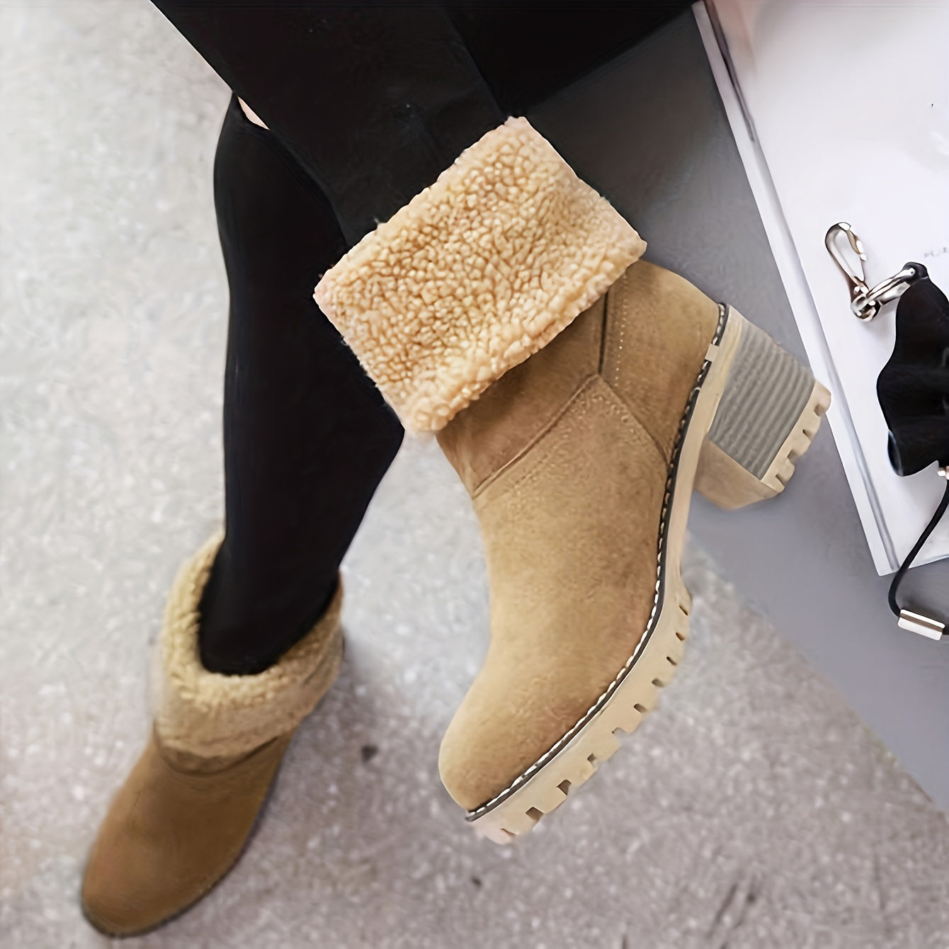 fachgo | Women's Warm Faux Fur Lined Boots, Slip On Block Heeled Ankle Boots, Women's Footwear
