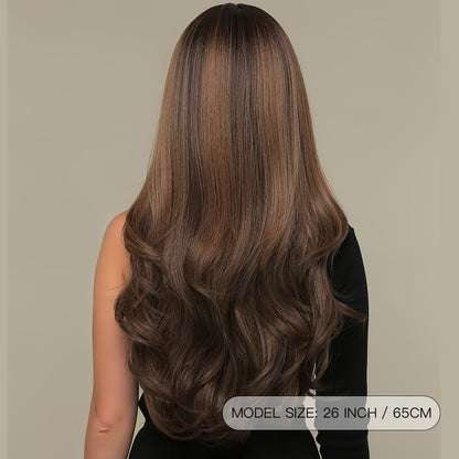 fachgo | Long Wavy Brown Wig - Natural Style Synthetic Wig with Bangs and Curly Hair for Women