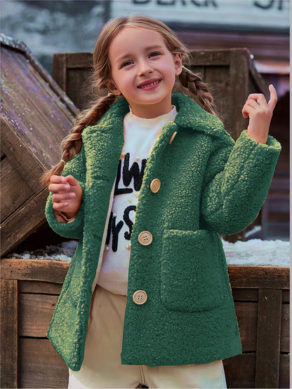 fachgo | [Lamb Fur Jacket] Girls' Lamb Fur Jacket | JOMAKE Korean-Style Lapel Collar, Two-Tone, Warm Windbreaker with Pockets, Lining, Button Closure, Long Sleeves for Winter