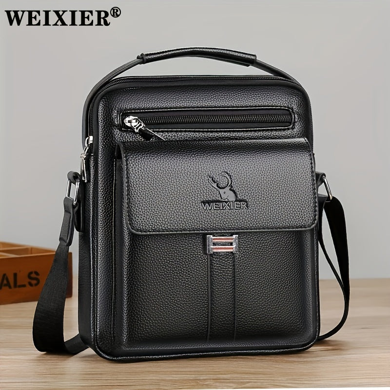 fachgo | [Vintage Business Bag] WEIXIER Men's Vintage Business Casual Adjustable Shoulder Bag - Multiple Compartments, Zippered Pockets, Compact Design, Black, Secure Zip Closure, Small Crossbody Bag