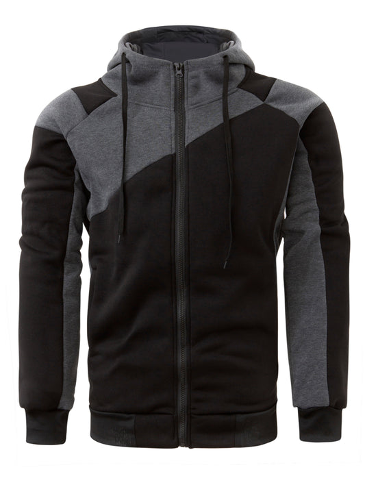 fachgo | Long Sleeves Men's Color Block Fleece Sweatshirt with Pockets, Zipper Hooded Drawstrings