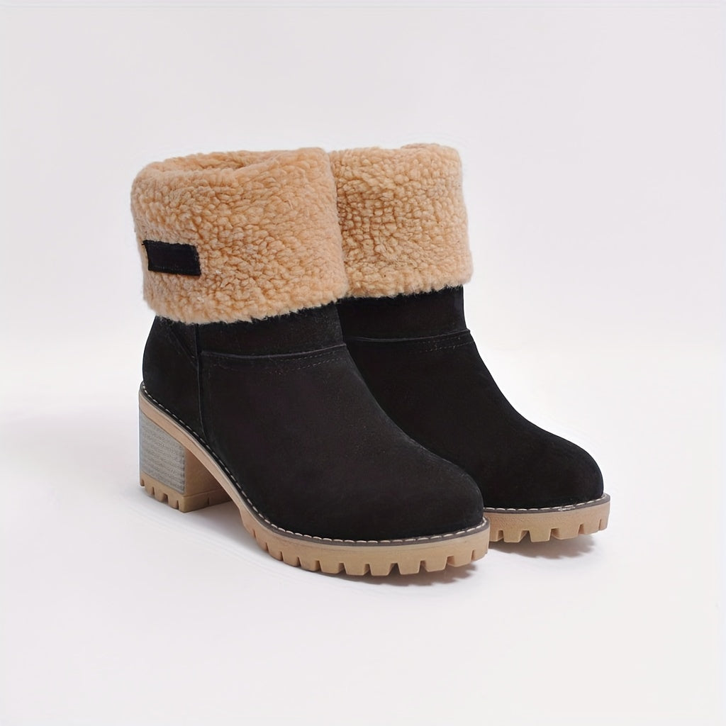 fachgo | Women's Warm Faux Fur Lined Boots, Slip On Block Heeled Ankle Boots, Women's Footwear