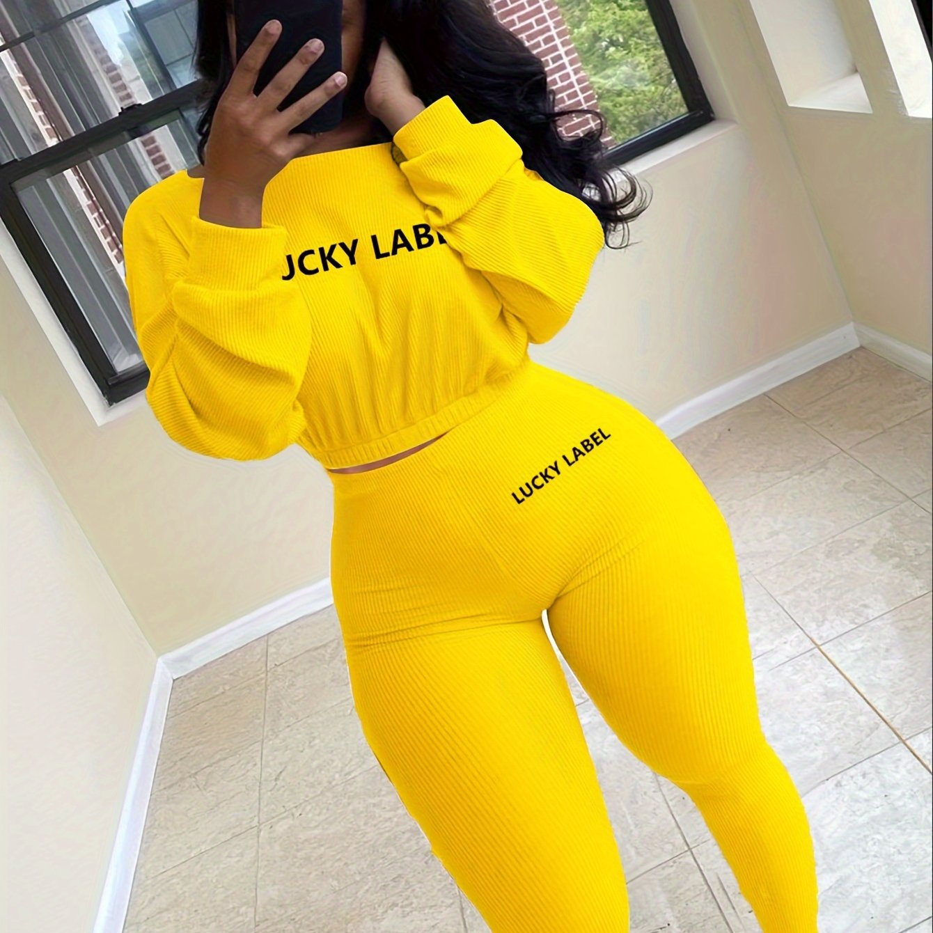 fachgo | [Women's Sweatshirt Set] Letter Embroidery Women's Two Piece Ribbed s Fall Spring Long Sleeve Sweatshirt and Skinny Pants Set