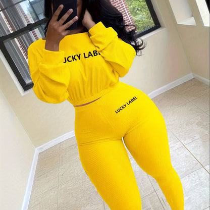 fachgo | [Women's Sweatshirt Set] Letter Embroidery Women's Two Piece Ribbed s Fall Spring Long Sleeve Sweatshirt and Skinny Pants Set