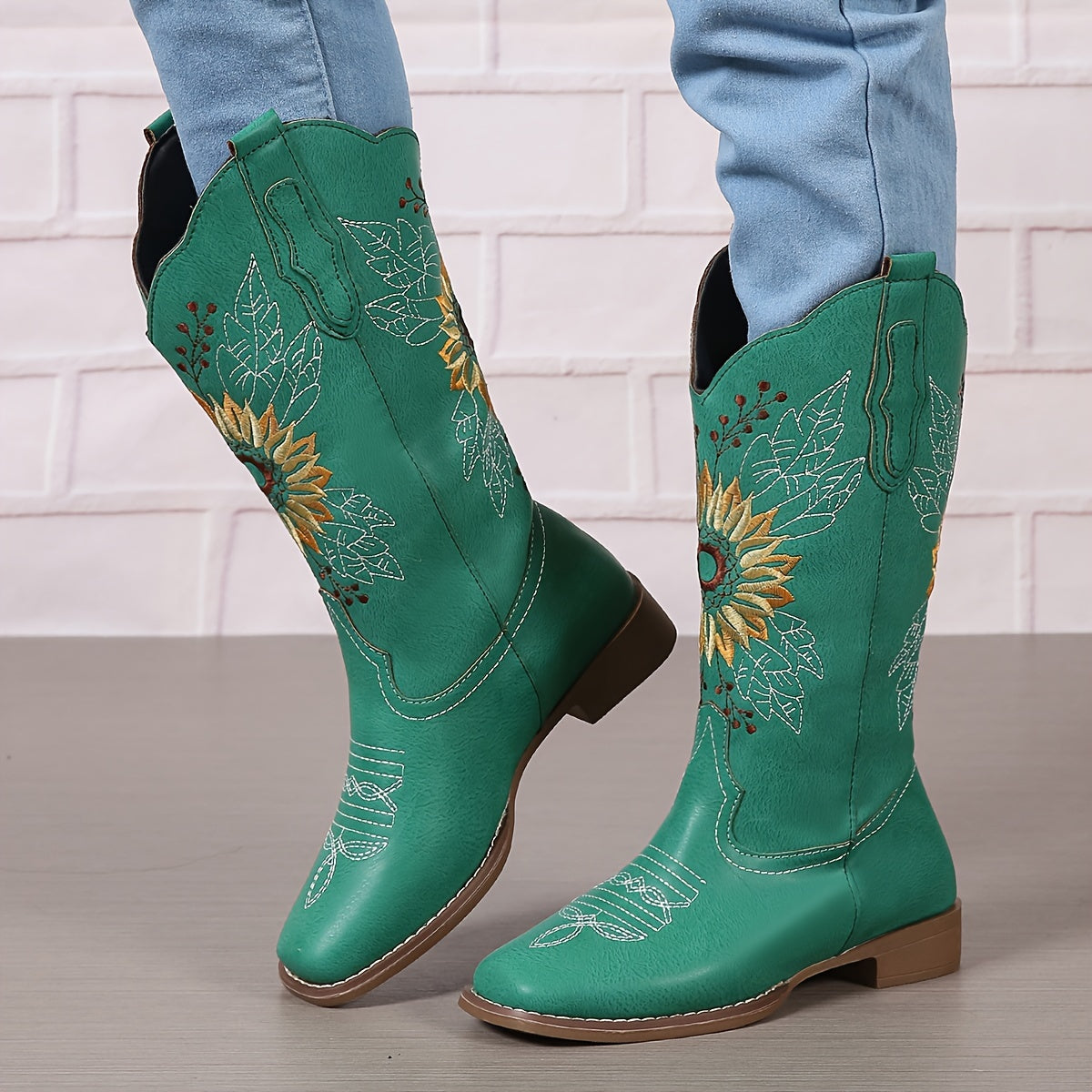 fachgo | [Mid Calf Embroidered Western Boots] Women's Embroidered Mid Calf Western Boots, Faux Leather Fashion Boots, Women's Footwear