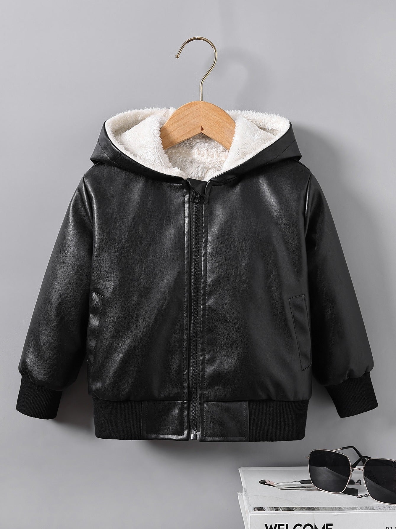 fachgo | Boys' Faux Leather Jacket with Fleece Lining - Thickened Winter Coat, Full-Zip Front Closure, Machine Washable, Casual Style for Fall/Winter, Regular Fit
