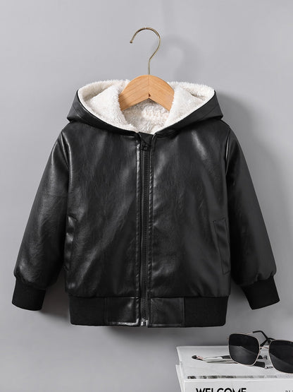 fachgo | Boys' Faux Leather Jacket with Fleece Lining - Thickened Winter Coat, Full-Zip Front Closure, Machine Washable, Casual Style for Fall/Winter, Regular Fit
