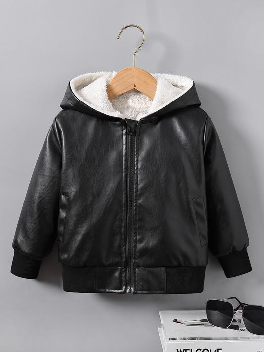 fachgo | Boys' Faux Leather Jacket with Fleece Lining - Thickened Winter Coat, Full-Zip Front Closure, Machine Washable, Casual Style for Fall/Winter, Regular Fit