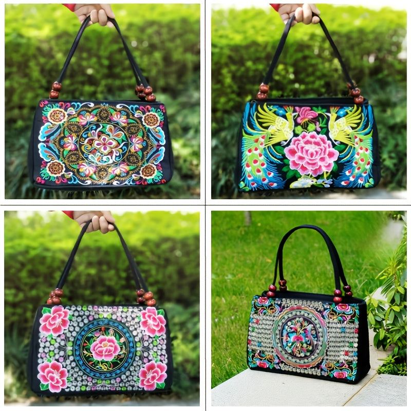 fachgo | Embroidered Handbag, Double Zipper Bag, Women's Printed Handbag