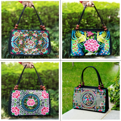 fachgo | Embroidered Handbag, Double Zipper Bag, Women's Printed Handbag