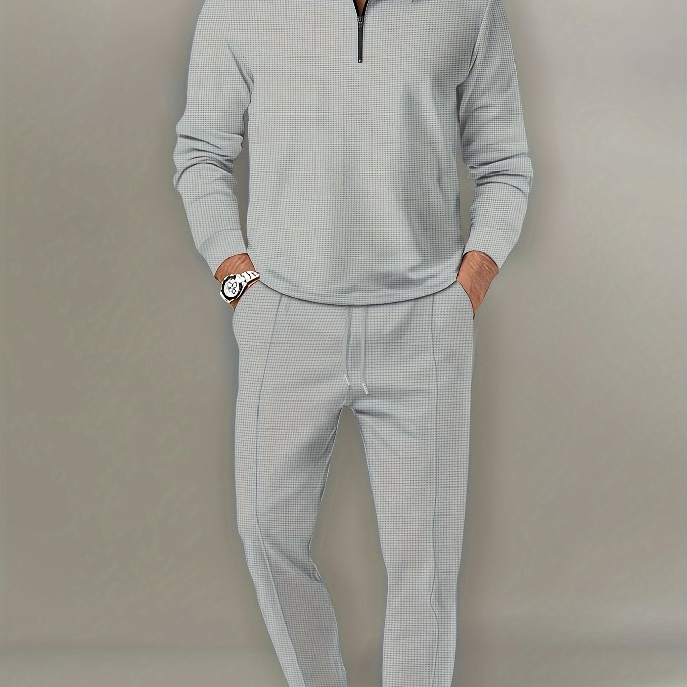 fachgo | 2Pcs Men's Waffle Pattern Outfits, Casual V Neck Long Sleeve Pullover Sweatshirt And Drawstring Sweatpants Joggers Set For Spring Fall