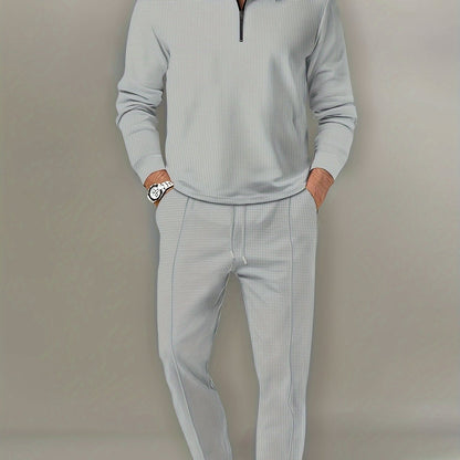 fachgo | 2Pcs Men's Waffle Pattern Outfits, Casual V Neck Long Sleeve Pullover Sweatshirt And Drawstring Sweatpants Joggers Set For Spring Fall