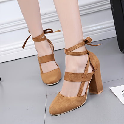 fachgo | [Elegant Sandals] Elegant High Heel Sandals | Women's - Solid Color Fabric Upper, Round Toe, Lace-Up Ankle Strap, Block Heel, Rubber Sole, Man-Made Insole & Inner Material