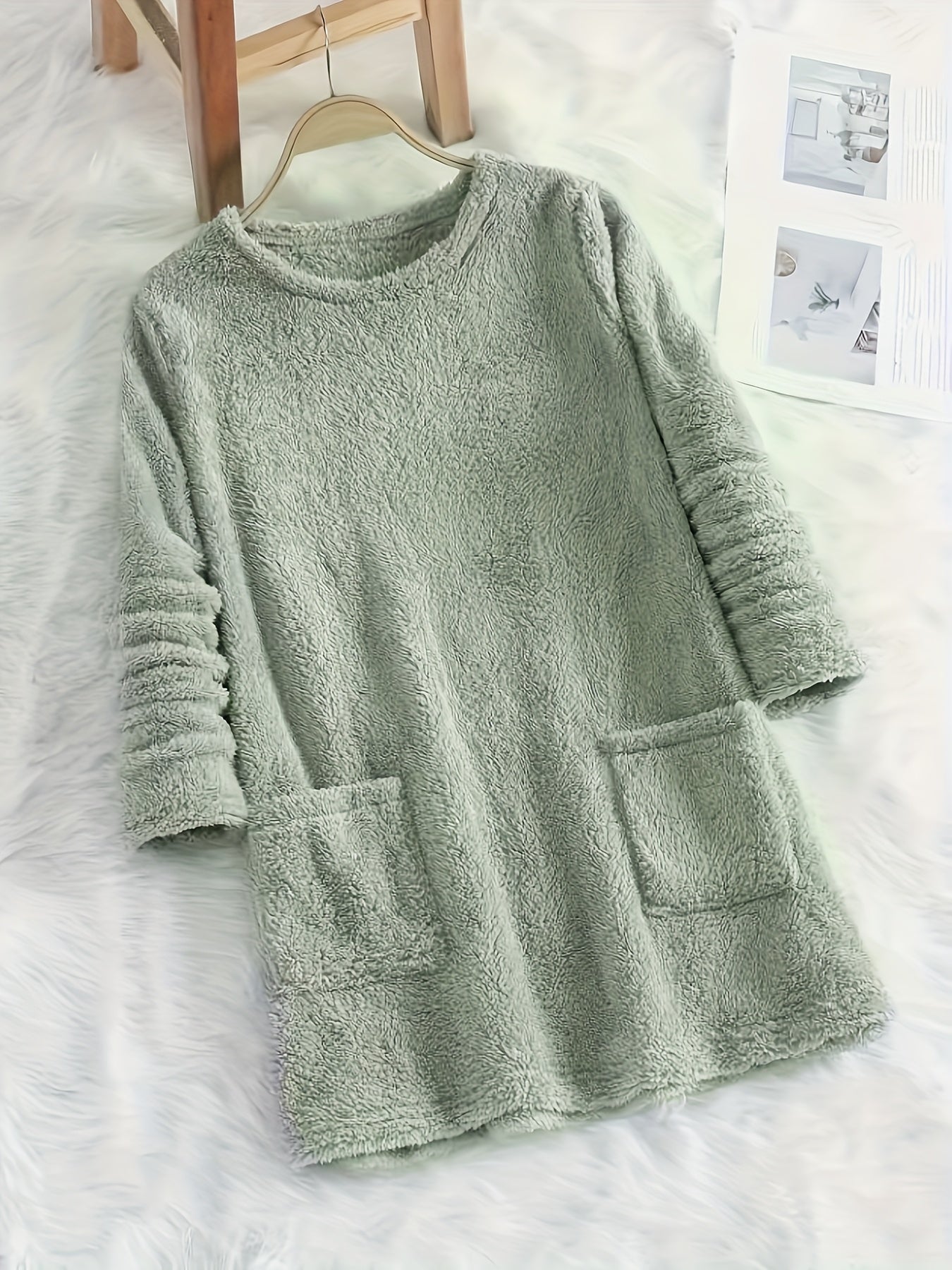 fachgo | [2025 New Plush Sweatshirt] New Autumn Winter Women's Plush Comfortable Casual Solid Color Pocket Round Neck Warm Long Sleeve Sweatshirt 2025
