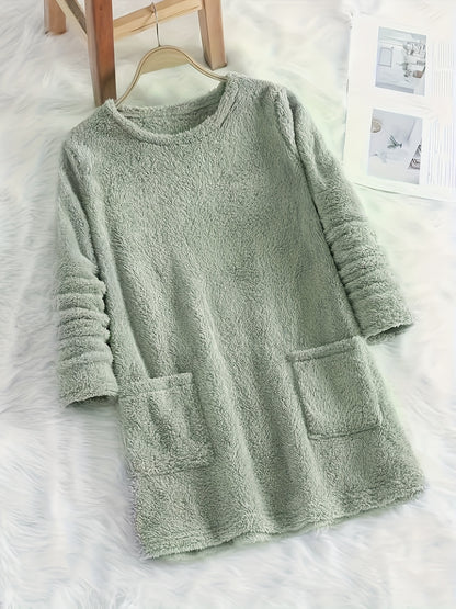 fachgo | [2025 New Plush Sweatshirt] New Autumn Winter Women's Plush Comfortable Casual Solid Color Pocket Round Neck Warm Long Sleeve Sweatshirt 2025