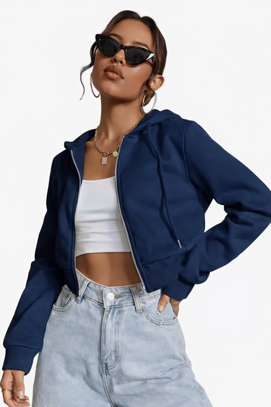 fachgo | Women's Navy Blue Cropped Zip-Up Hoodie Jacket